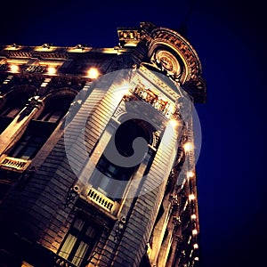 Old building in downtown Mexico City at night