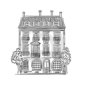 An old building drawn. Linear illustration