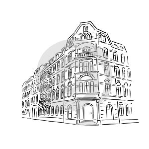 An old building drawn in perspective. Linear illustration