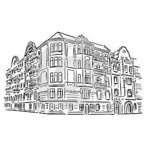 An old building drawn in perspective. Linear illustration