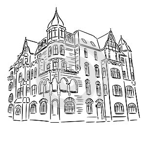 An old building drawn in perspective. Linear illustration
