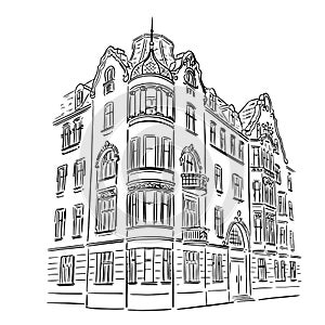 An old building drawn in perspective. Linear illustration