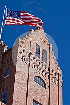 Old building flying the American flag