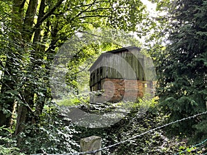 Empty building, partially hidden by old trees, near, Tweedy Lane, Wilsden, Yorkshire, UK photo