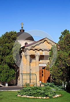 Old building of the Orthodox Church in Kherson Ukraine against the blue sky