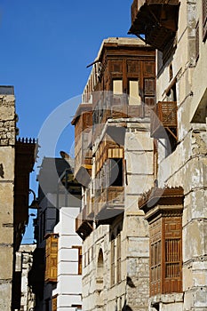 Old buildings in Al Balad street in the city of Jeddah, Saudi Arabia