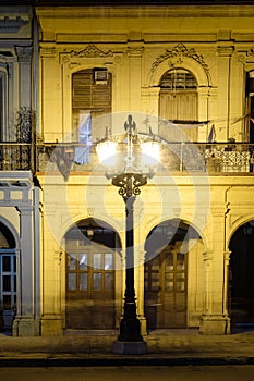 Old buildings in downtown Havana illuminated at night