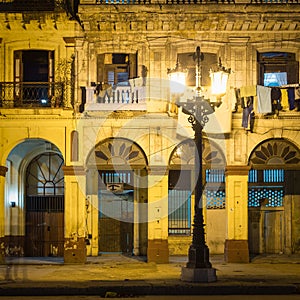 Old buildings in downtown Havana illuminated at night