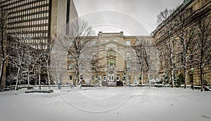 Old Buildings in downtown with snow - Montreal, Quebec, Canada
