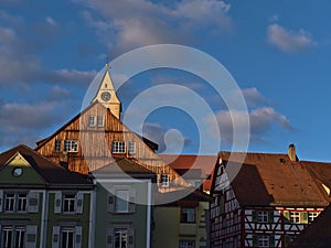 Old buildings in the historic center of Meersburg, Lake Constance, Germany with half-timbered house, colorful facades.