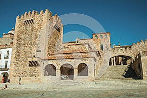 Old buildings in the Main Square with stairs at Caceres