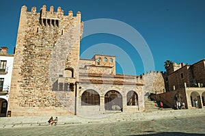 Old buildings in the Main Square with stairs at Caceres