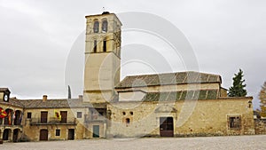 Old buildings of the medieval village of Pedraza with stone columns, Pedraza, Segovia.