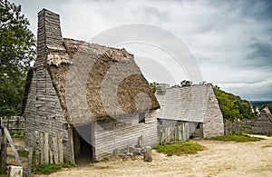 Old buildings in Plimoth plantation at Plymouth, MA