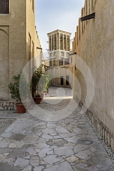 Old buildings and streets in the Bastakia quarter, Dubai. The buildings are recreations of the old structures around Dubai Creek