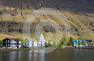 Old buildings in town of Seydisfjordur in east Iceland