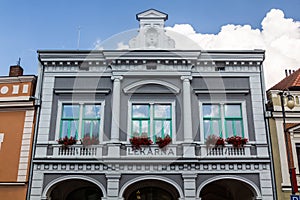 Old builidng at the Smetanovo namesti square in Litomysl, Czech Republic. The text says Lekarna meaning pharmac