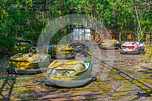 Old bumper cars at Pripyat amusement park in the Ukraine