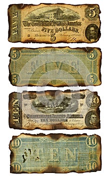 Old, Burned Confederate Five and Ten Dollar Bills