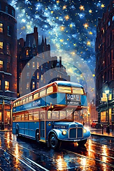 An old bus crossing on a wet road, at a new york city street, in a beautiful starry night, clouds, sky, lights, vintage, buildings