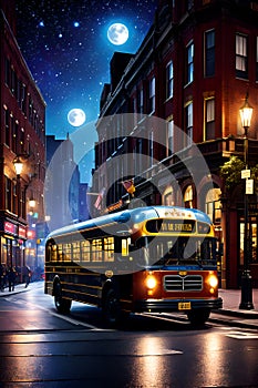 An old bus on a new york city street, in old time, buildings, lights, starry night, moon, blue sky, vintage touch