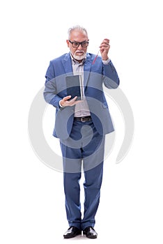 Old businessman holding book isolated on white