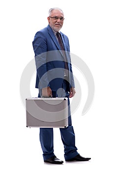 Old businessman holding case isolated on white