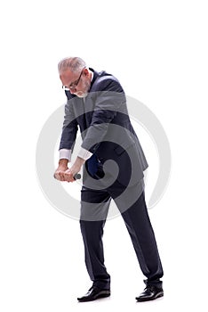 Old businessman holding penlight isolated on white