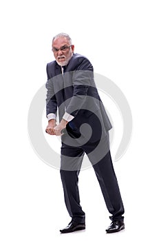 Old businessman holding penlight isolated on white