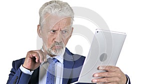 Old Businessman Reacting to Loss on Tablet, White Background