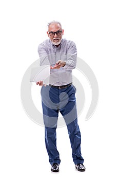 Old businessman reading paper isolated on white