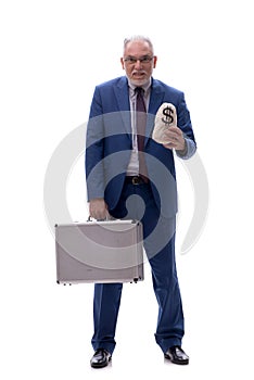 Old businessman in remuneration concept isolated on white