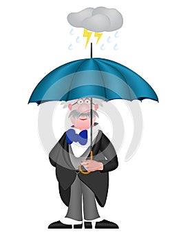 Old businessman with umbrella in thunderstorm, isolated on white background
