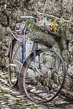 Old bycicle on a wall