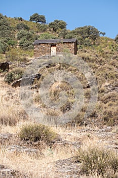 Old cabin or hut with a round shape and slate stone walls and a broom and straw roof