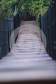 Old Cable Bridge with wooden deck.