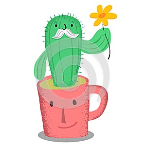 Old cactus in pink coffe cup with yellow flower