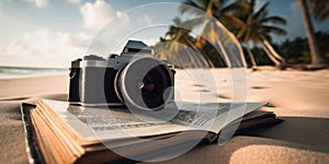 Old camera with book on beautiful tropical sandy beach with palm trees