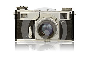 Old camera isolated on a white background. Vintage film camera with retro lens isolate. 19th century