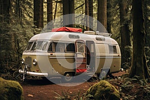 Old Camper Parked in the Woods, a Rustic Retreat Surrounded by Nature, A vintage camper vehicle turned into a compact travel home