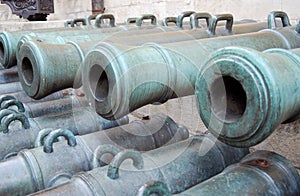 Old cannon barrelss in Moscow Kremlin. UNESCO Heritage Site.