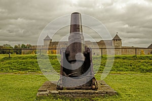 Old cannon in the castle Hermann on Narva Castle Estonia opposite the Russian fortress ivangorod