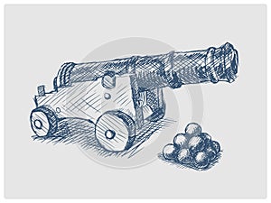 Old cannon hand drawn blue sketch vector