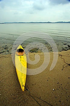 Old canoe on mudflat beach