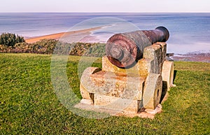 A old canon points out to sea on Tankerton slopes, Whitstable looking out over the sand bank