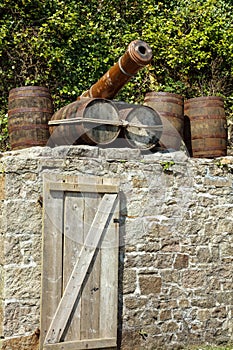 Old canons and barrels in Historic Port of Charlestown