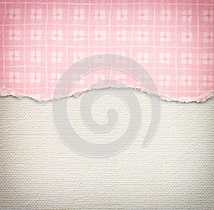 Old canvas texture background with delicate stripes pattern and pink vintage torn paper