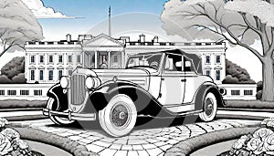 Old car antique convertible touring automobile white house