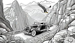 Old car antique touring car drive steep mountain cliffs eagle flying