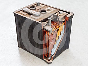 Old car battery with partly opened body